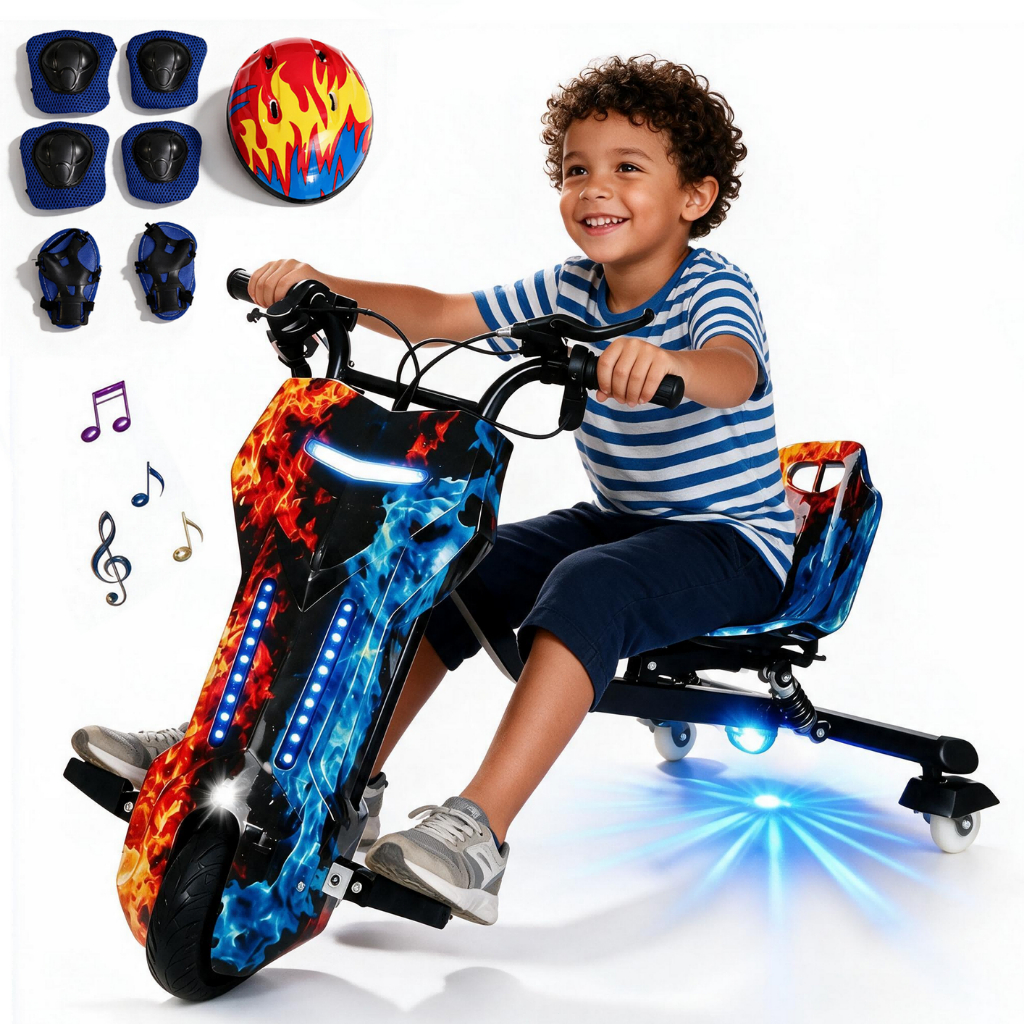 Triciclo Drift Elétrico 350W 4.8A Infantil e Adulto Drifting 3 Velocidades até 15km/h bluetoothe LED Colorido Até 80kg