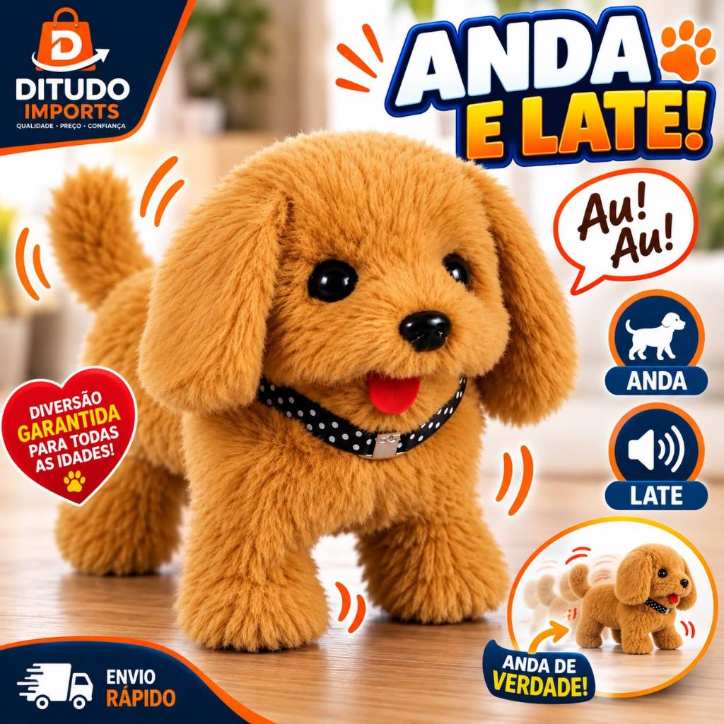 Cachorrinho Que Anda e Late Com Som Divertido Brinquedo De Pelucia Infantil Cachorrinho Interativo Com Pilhas Inclusas
