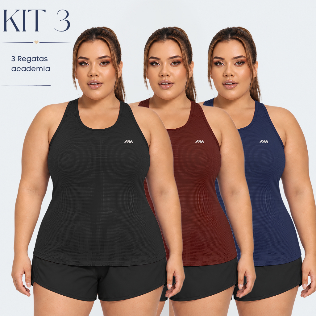 KIT 3 Regata Academia Feminina Plus Size Dry Fit Fitness Nadador Blusa Caminhada Musculação Treino G1 ao G3