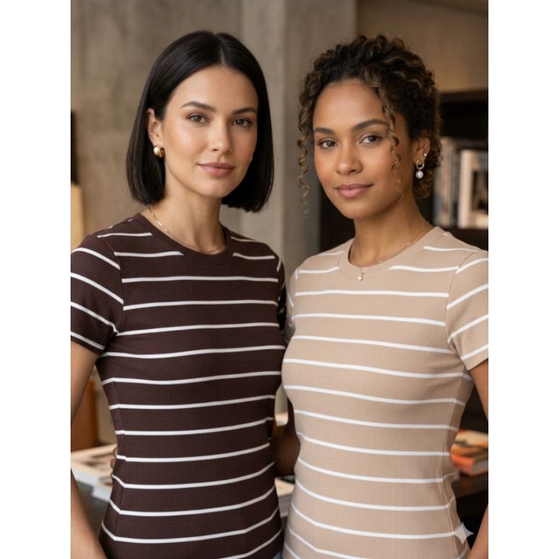 Blusa Básica Listrada Ribana Canelado Premium Casual  Basico Camiseta T-Shirt