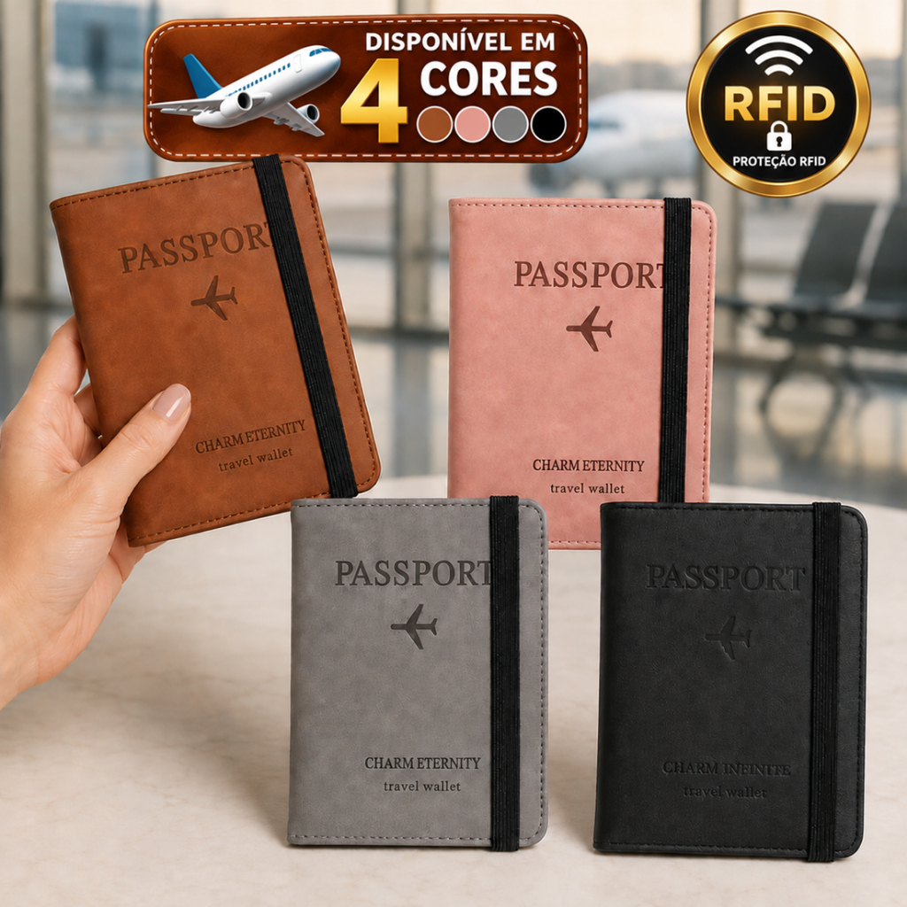 Imagem Porta Passaporte Viagem Carteira Documentos Cartões Cédulas RFID Couro Sintético Organizador com Elástico Unissex Slim