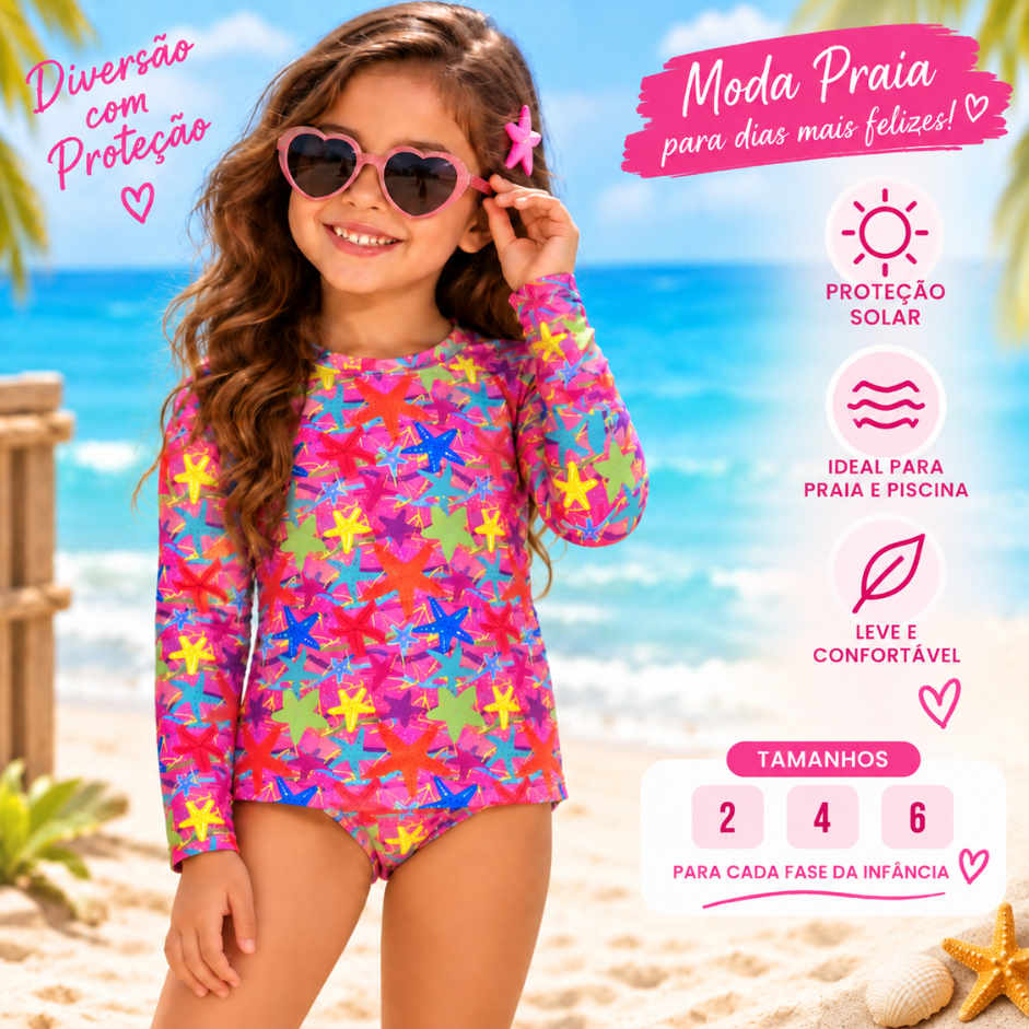 Biquini Infantil Menina Conjunto Blusa Manga Longa com Calcinha Proteção UV / Moda Praia Infantil