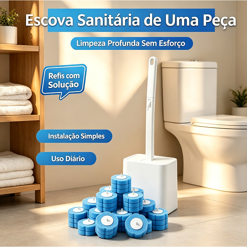 Kit Escova Sanitária Descartável +36 Refis, Detergente Integrado 3 Aromas. Troca com 1 clique, sem contato sujeira