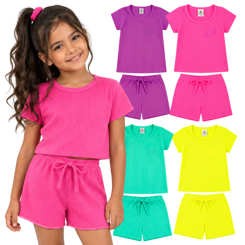 Conjunto Infantil Menina Verão Manga Curta Blogueira do 1 ao 10 Anos | Roupa Infantil Menina Blusa + Shorts Algodão