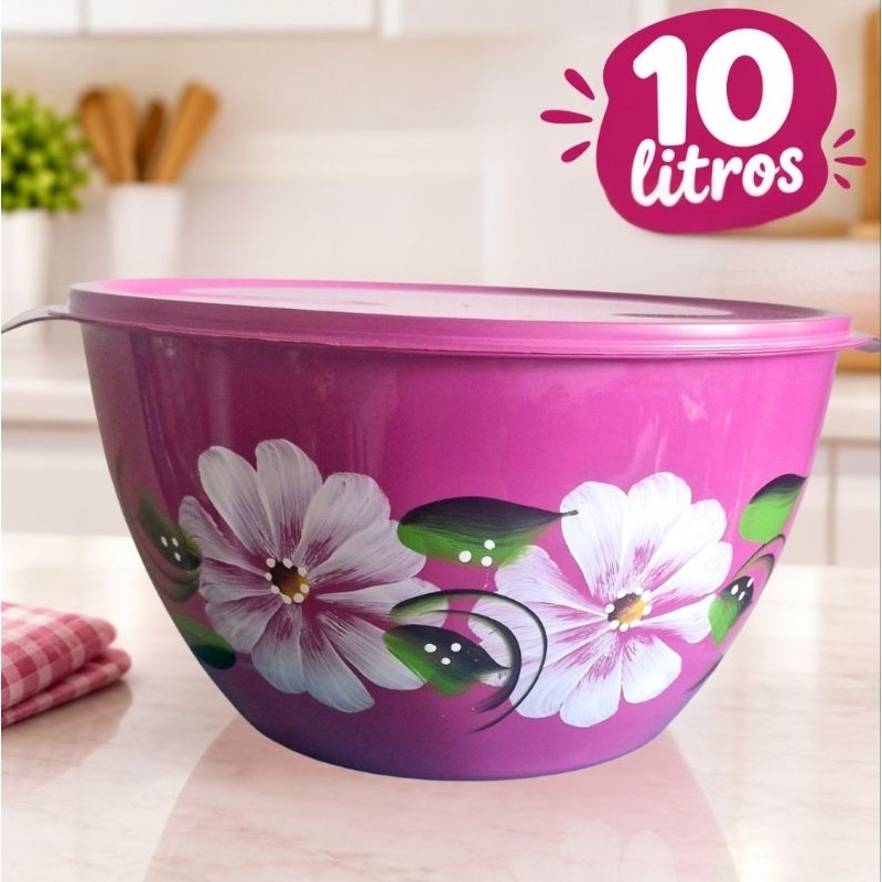 Tigela GRANDE 10 LITROS decorada, plástico resistente com tampa - Pipoca, Pão, frutas, saladeira, bowl, bacia