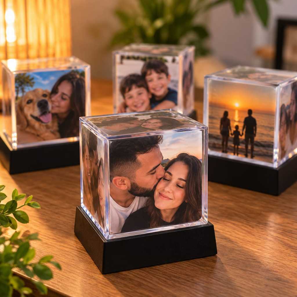 Foto Cubo 6,2 cm com Base e luz de fada - Personalizado com Foto | Dia dos namorados | Lembrança de Natal | Ano novo | — imagem 2 de 2