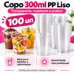 100 Copos Descartáveis 300ml PP Liso Transparente Resistente