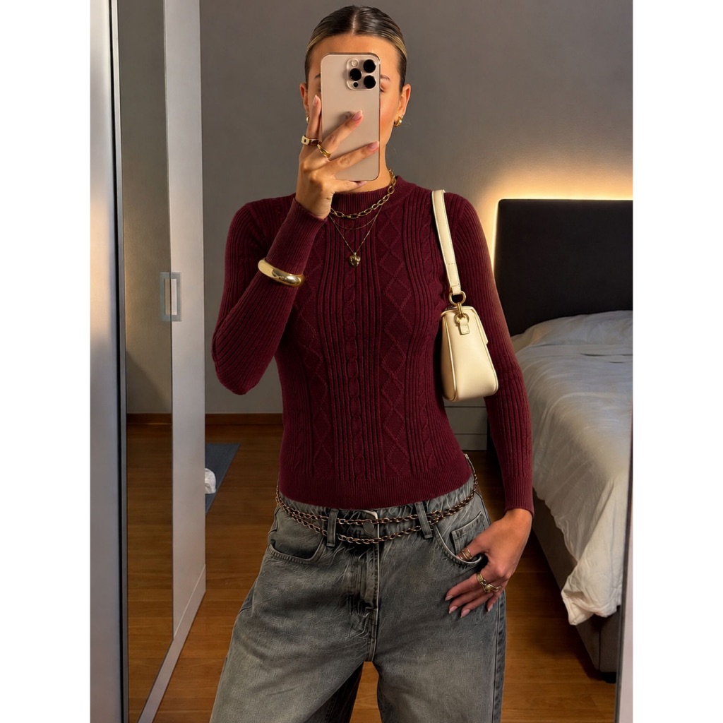 Blusa Cacharrel De Frio Feminina Tricot Modal Tranças Canelada Manga Longo Elegante Inverno Luxo