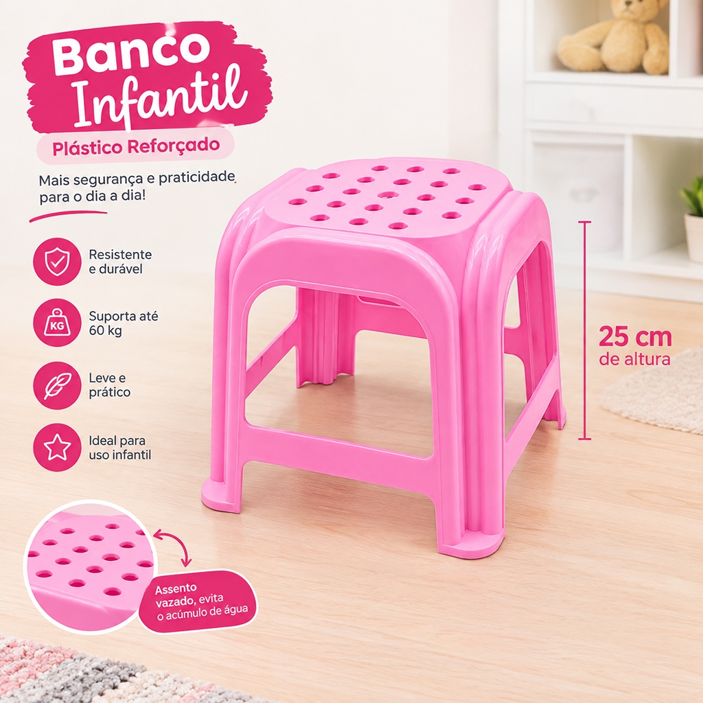 Banquinho Infantil até 60kg | Plástico Reforçado | Creche Escola | Banco de Plástico