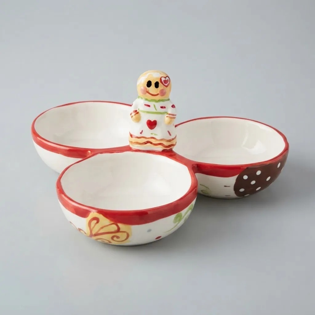 Petisqueira Tripla Cerâmica Decoração Mesa De Natal Gengibre