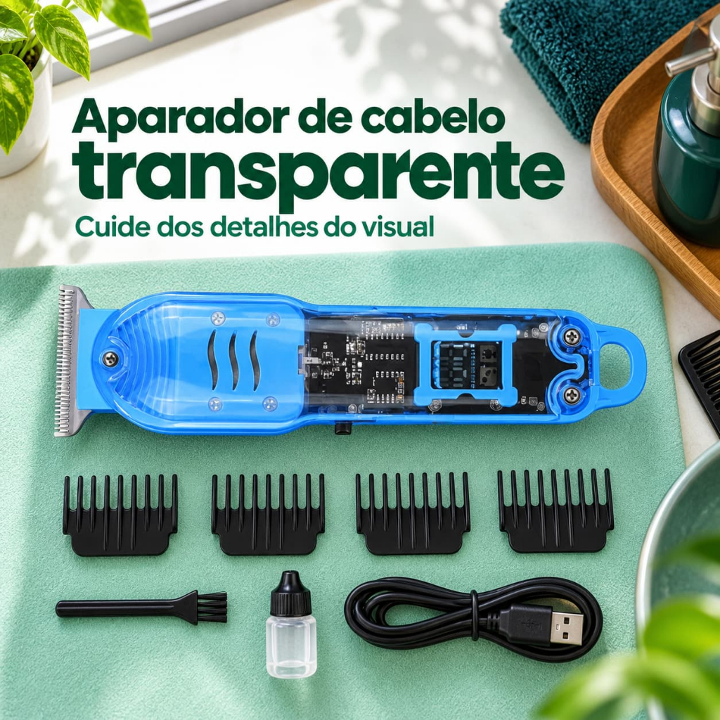 Aparador Elétrico de Cabelo Transparente USB Display de Bateria Prático para Cortes e Acabamentos em Casa