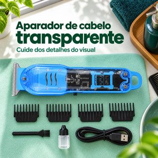 Aparador Elétrico de Cabelo Transparente USB Display de Bateria Prático para Cortes e Acabamentos em Casa