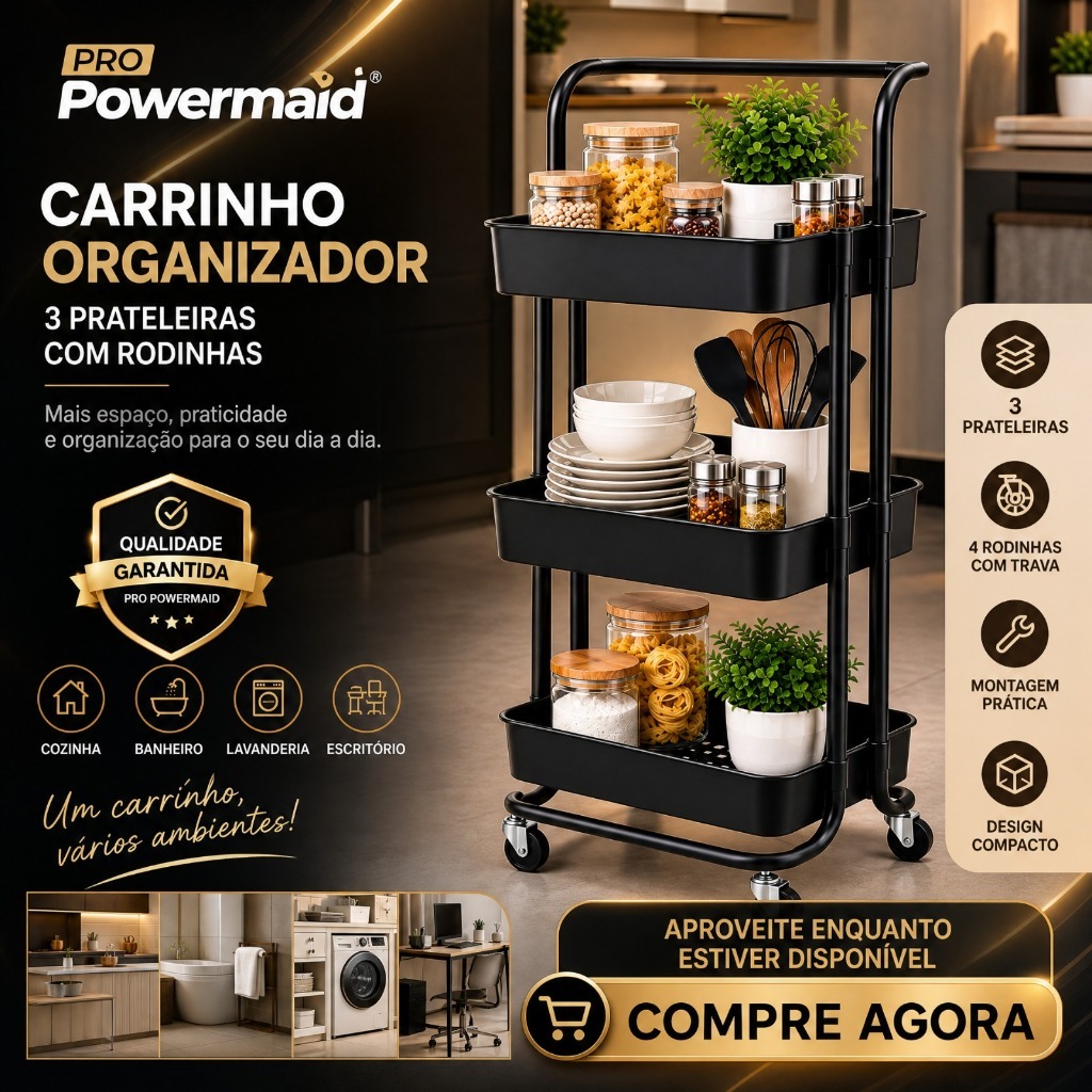 Carrinho Organizador 3 Prateleiras com Rodinhas Preto Multiuso para Cozinha Banheiro Lavanderia e Escritório