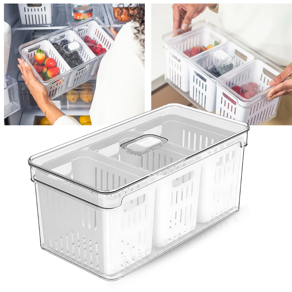 Organizador de Geladeira 5L com 3 Cestos Ou Natural Tampa Porta Frutas Legumes Vegetais Clear Fresh