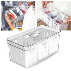 Organizador de Geladeira 5L com 3 Cestos Ou Natural Tampa Porta Frutas Legumes Vegetais Clear Fresh