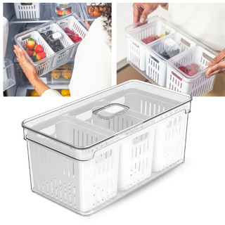 Organizador de Geladeira 5L com 3 Cestos Ou Natural Tampa Porta Frutas Legumes Vegetais Clear Fresh