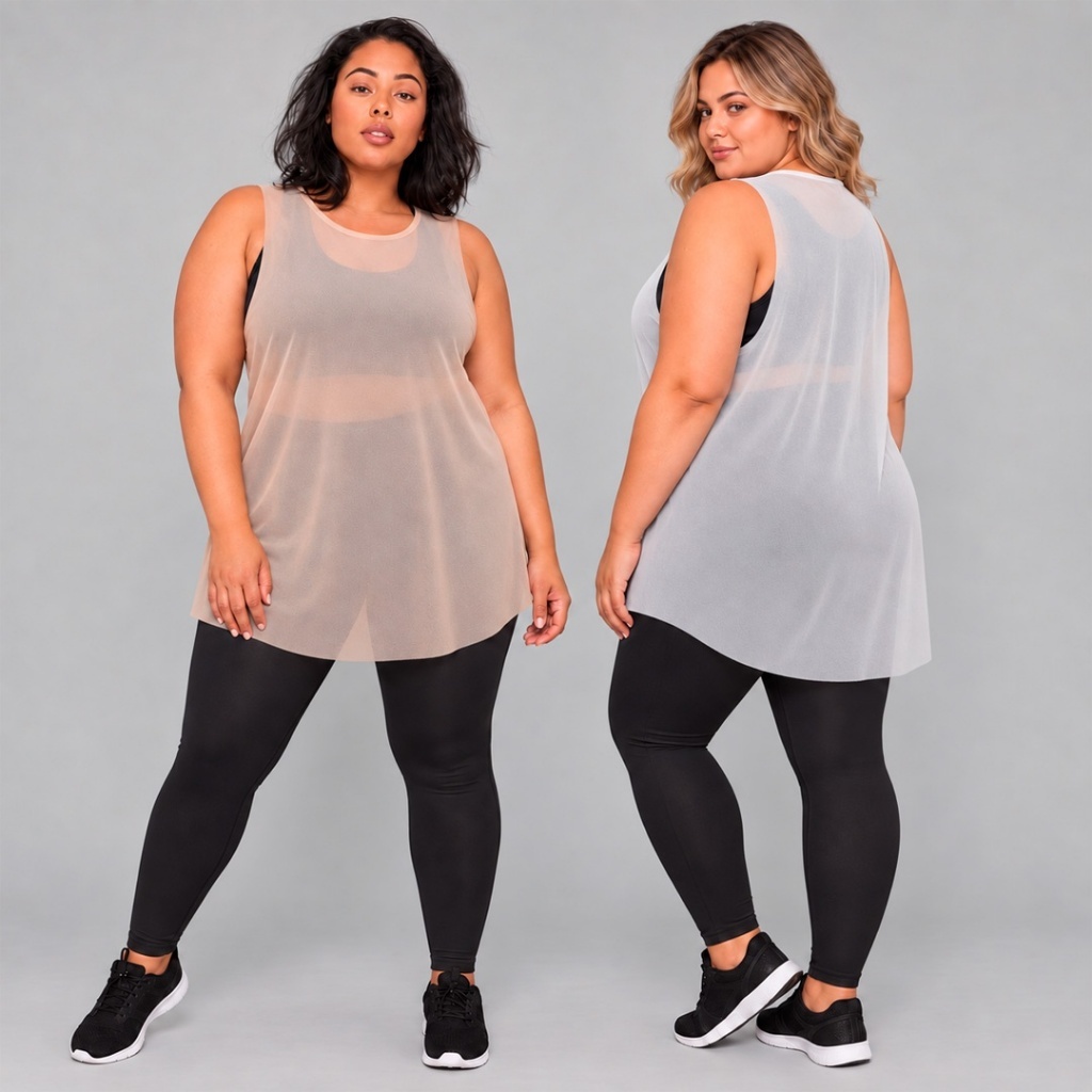 Regata Feminina Transparente Plus Size de Tule Camiseta Blusa Academia Treino Regatão Com Transparência
