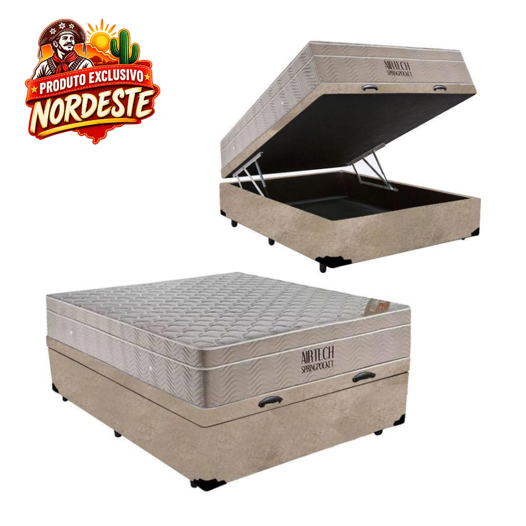 Cama Box Baú com Colchão de Molas Ensacadas Ortobom Airtech Casal 138cm
