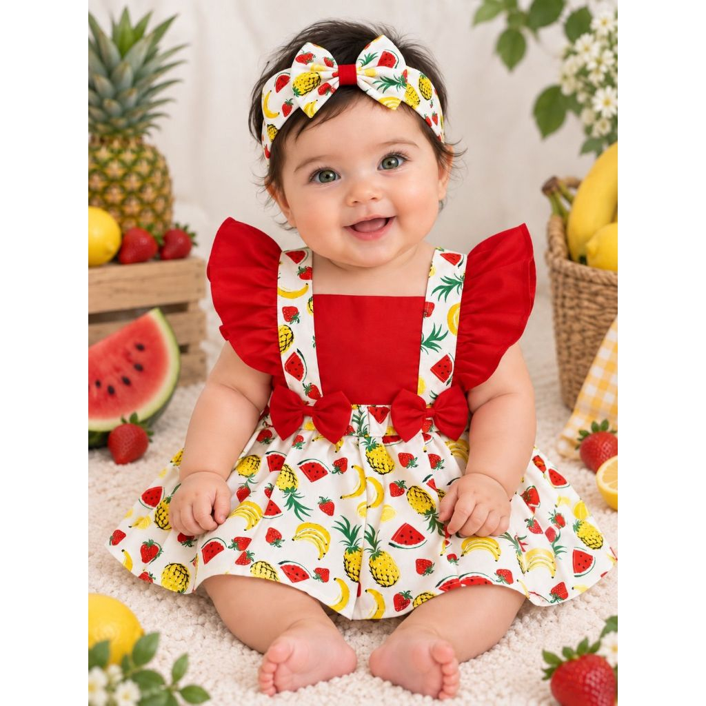 Jardineira Saia Romper Bebê Menina 100% Algodão Estampado Frutas Tiara Babado Laços Festa Aniversário Passeio Verão
