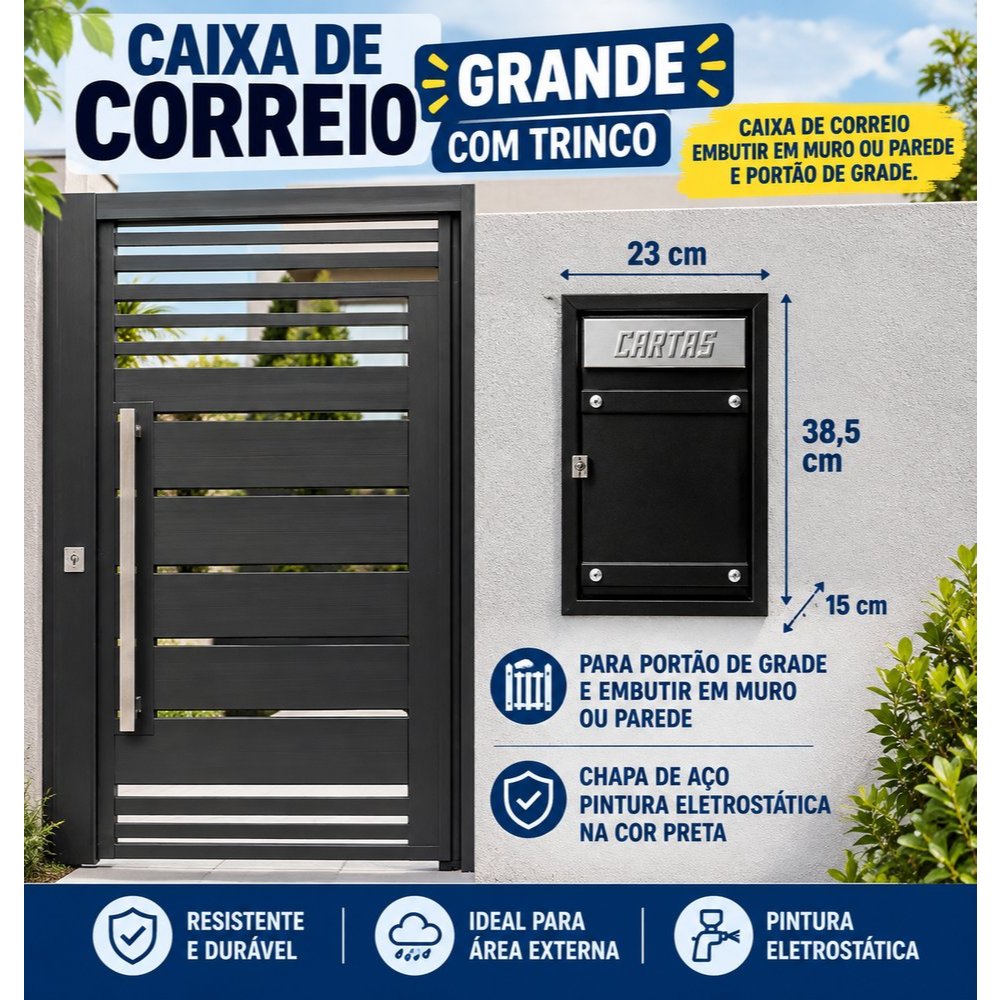 CAIXA DE CORREIO GRANDE PORTÃO GRADE EMBUTIR CHAPA DE AÇO +4 PARAFUSOS 4 BUCHAS 2 GRADE