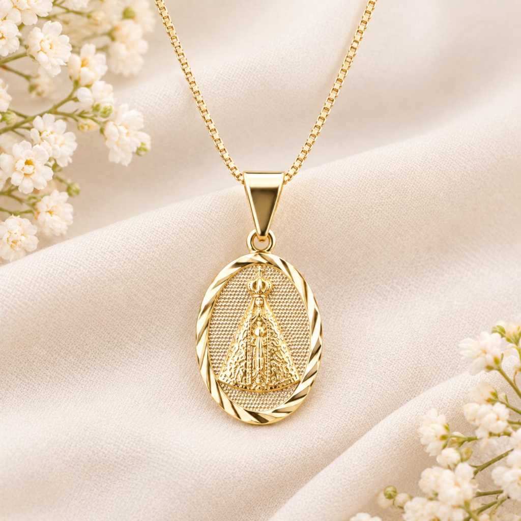 PINGENTE COLAR NOSSA SENHORA APARECIDA RELIGIOSO + CORRENTE VENEZIANA 45CM FOLHEADOS A OURO 18K
