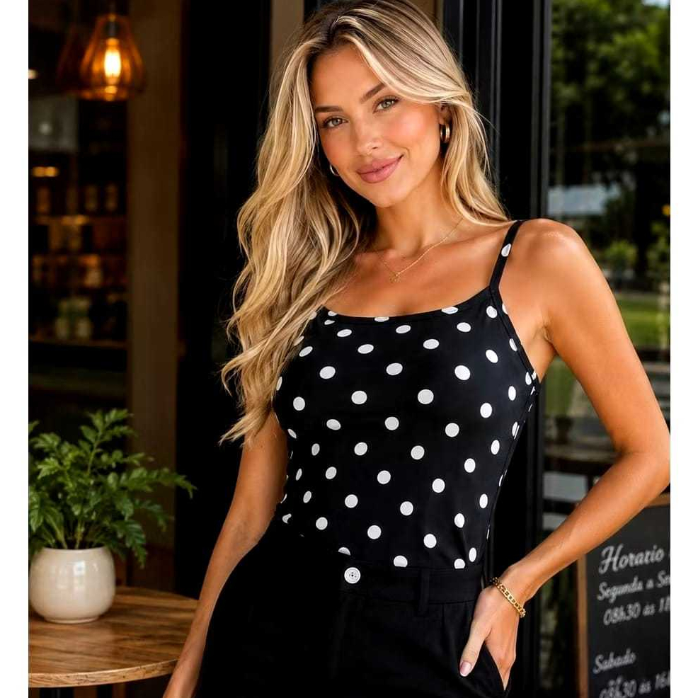 Blusa Regata Feminina Poá Suplex Alcinha   Decote Arredondado Básica Verão Tendência