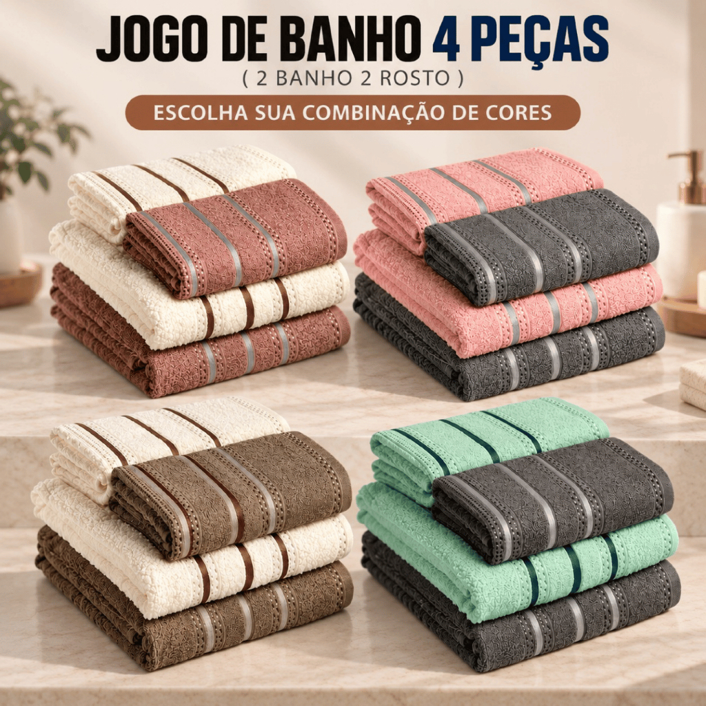 Kit/Jogo Toalha Banho e Rosto 4Pçs Casal 100% Algodão Banhão Alta Absorção Felpuda DMC Toalhas Premium
