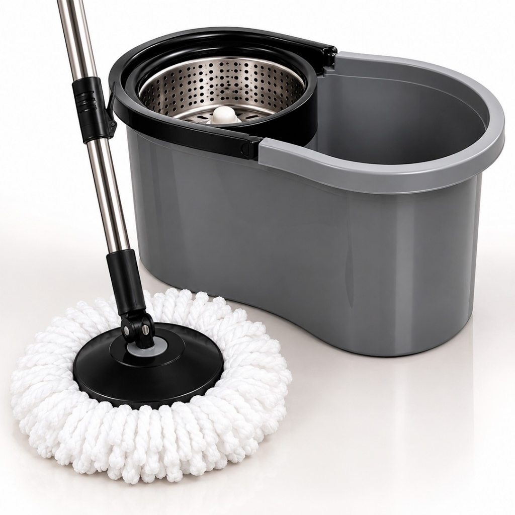 Balde 8 Litros Mop Giratório Cesto Inox Esfregão 360 Cabo 110cm Spin Refil Limpeza Útil Microfibra Com Centrifuga Inox