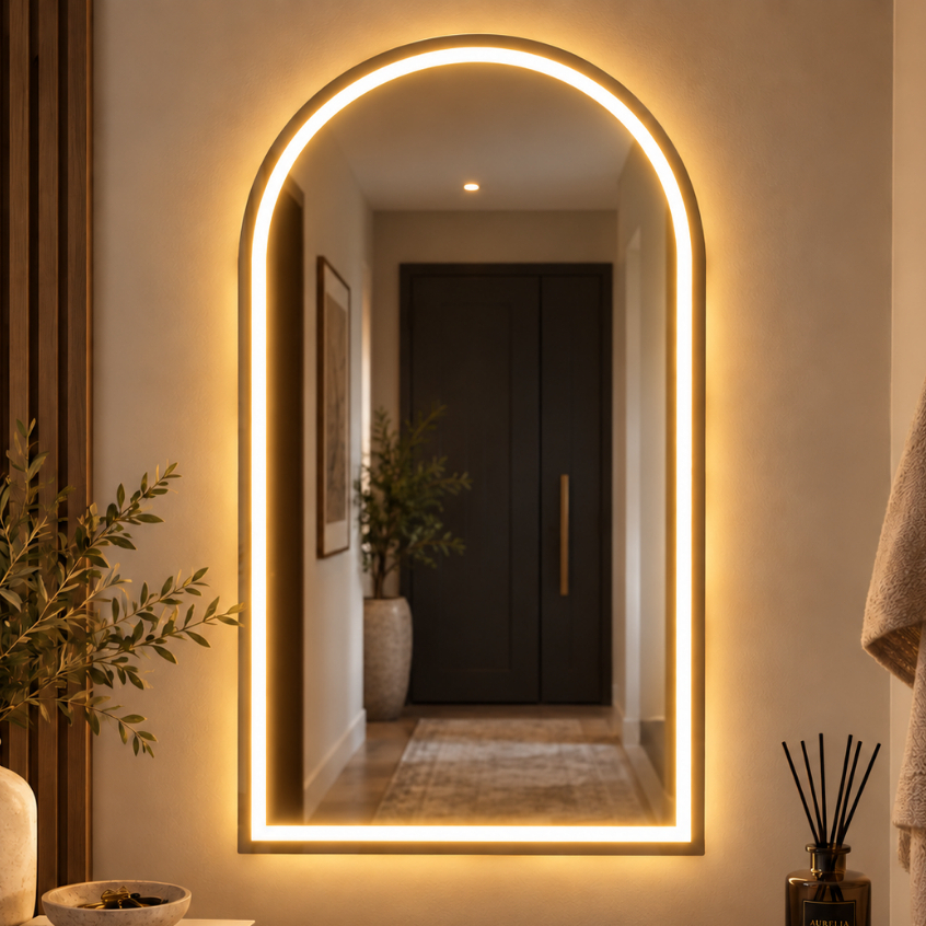 Espelho Arco Jateado Base Reta 100x80cm com LED 3 Cores para Banheiro Maquiagem Salão Closet