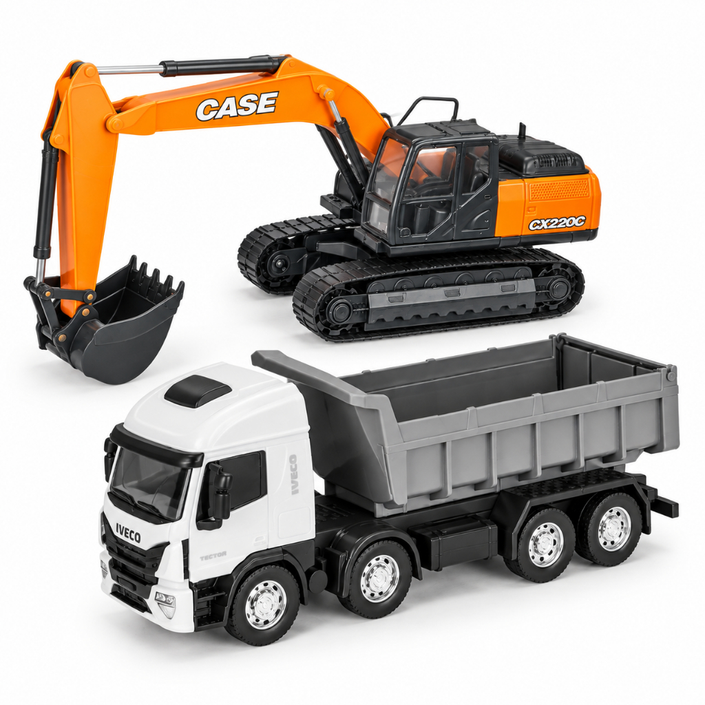 Kit Caminhão Miniatura Iveco Branco + Escavadeira Hidráulica Case