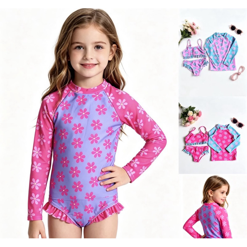 Conjunto Infantil Feminino 3 Peças com Proteção UV 50+ Biquíni + Blusa Manga Longa Florzinha