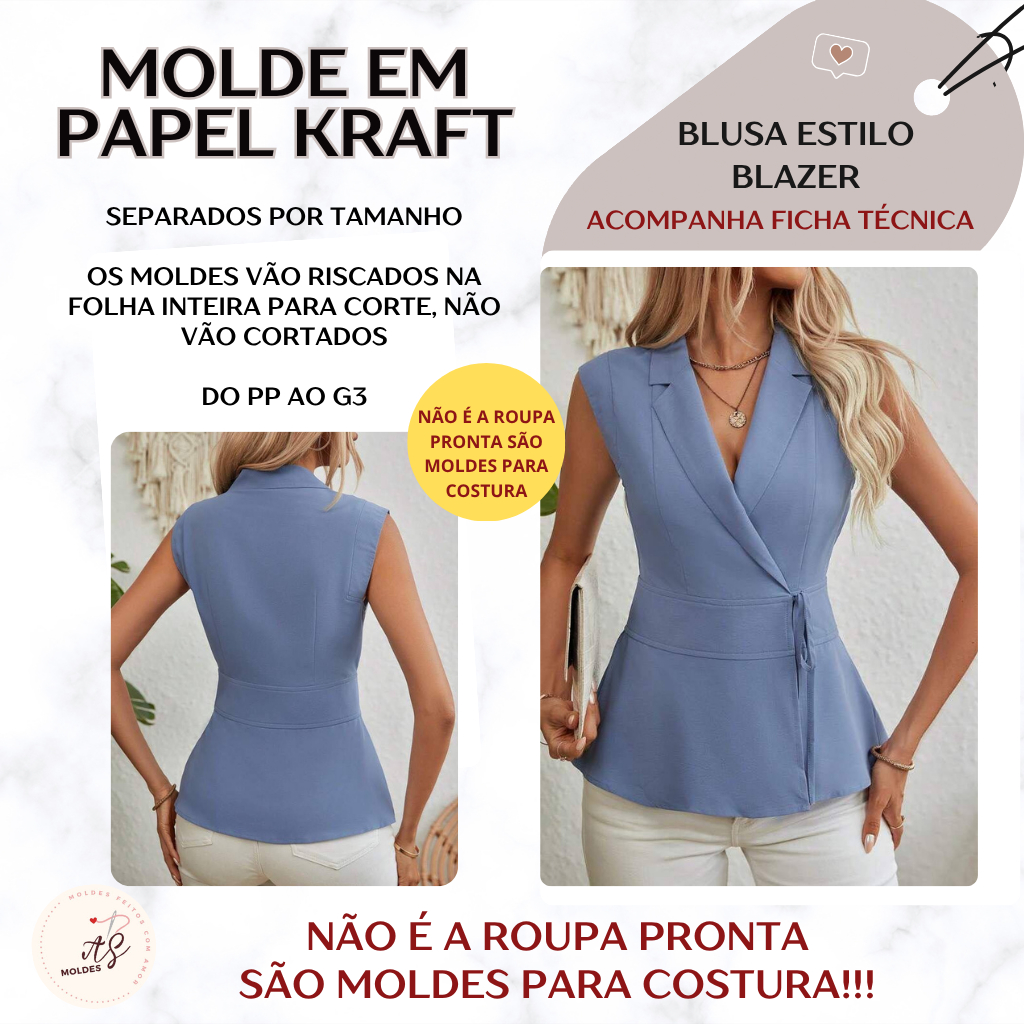 Molde em Papel Kraft para Costura Separados por Tamanho Blusa Estilo Blazer para recorte (NÃO É A ROUPA PRONTA)