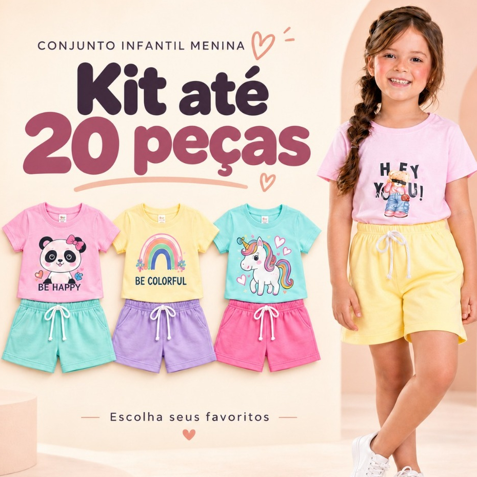 KIT Até 20 Peças Conjunto Infantil Menina Feminino Algodão Premium Short + Blusa Confort Toque Macio