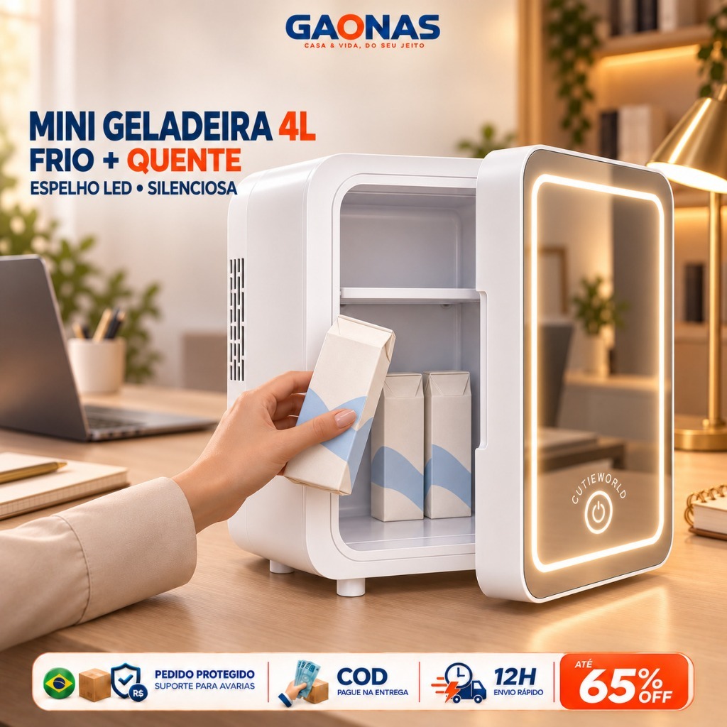 GN-Mini Geladeira 4L Portátil Quente e Fria Espelho LED 25dB Bivolt 12V para Maquiagem Bebidas Escritório Viagem Carro