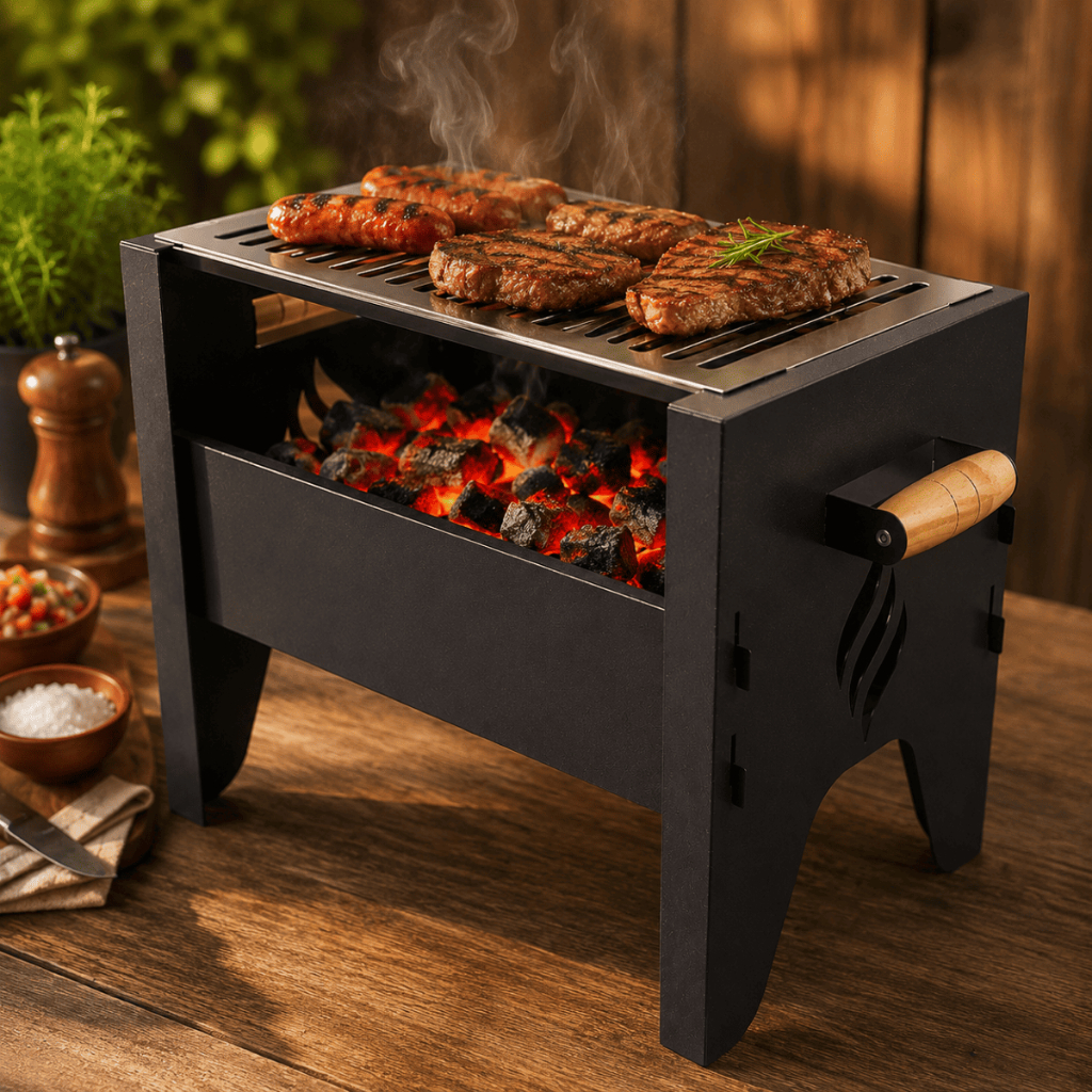 Churrasqueira Portátil Compacta com Grelha em Aço Desmontável para Churrasco Camping Praia Apartamento Grill Portátil