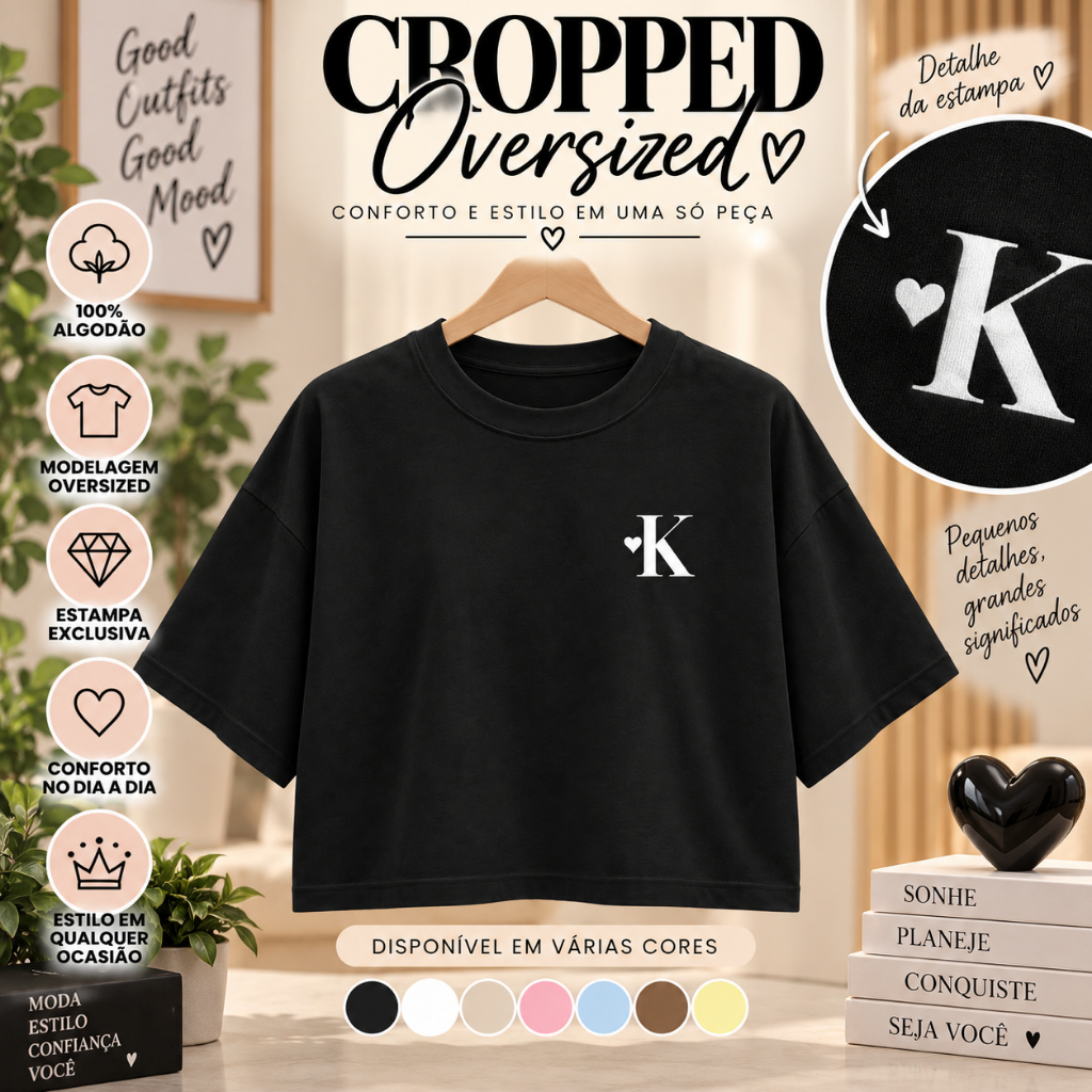 Cropped Feminino Oversized Letra K Coração 100% Algodão Estampa Minimalista Moda Casual Confortável Tendência Manga Curt