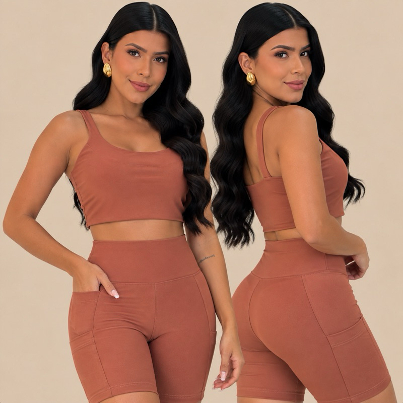Conjunto academia short ciclista para corrida com bolsos funcionais zero transparência