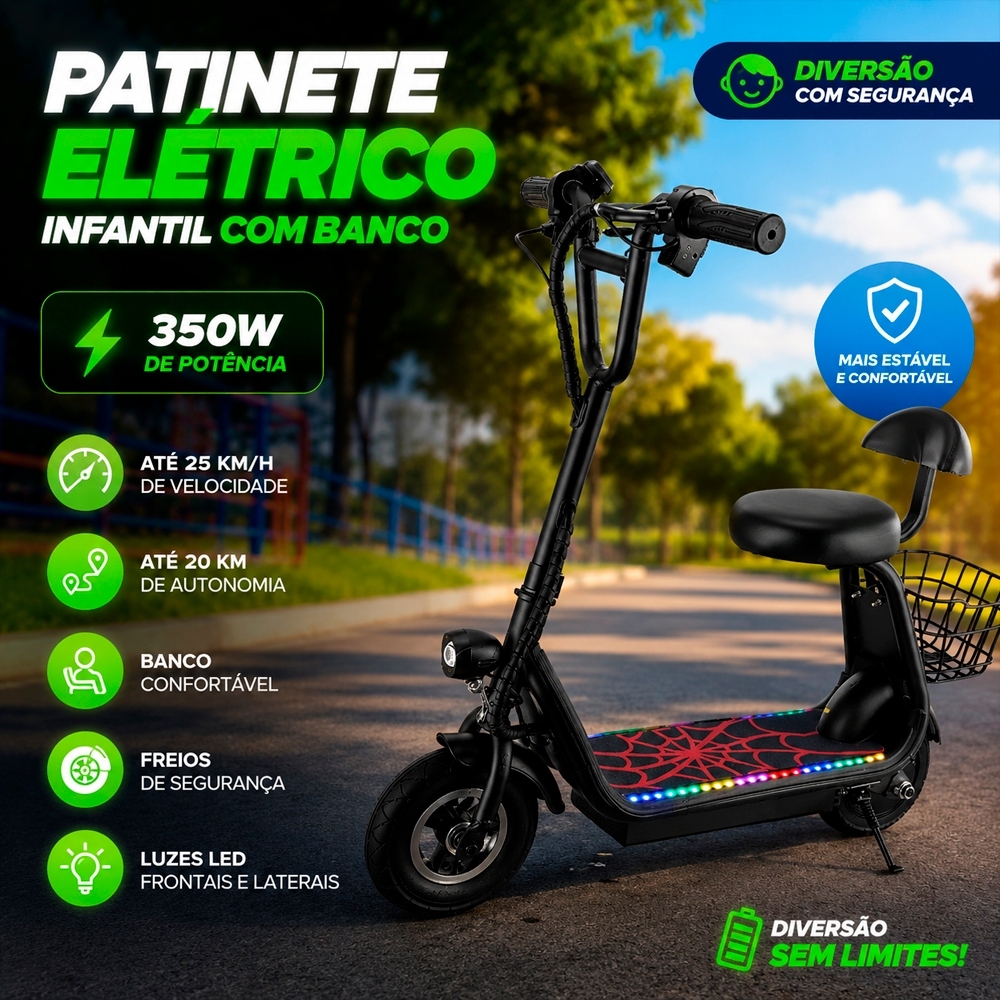 Scooter Elétrica Infantil Patinete Elétrico para Crianças Com Banco Assento 350W Pronta Entrega