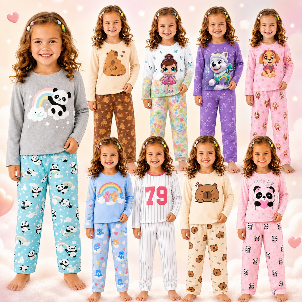 Kit 2 Conjuntos Pijama Infantil Menina Manga Longa Estampas sortidas
