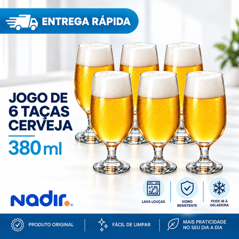 Jogo 6 Taças de Vidro 380ml com Pé para Água Suco Refrigerante Bebidas Tulipa Mesa Posta Cozinha Jantar