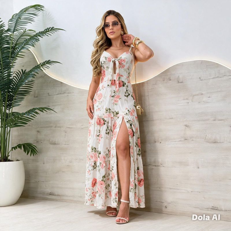 Vestido Feminino Longo, Estampa Floral com Alças Ajustáveis Elegante e Confortável Qualidade Premium