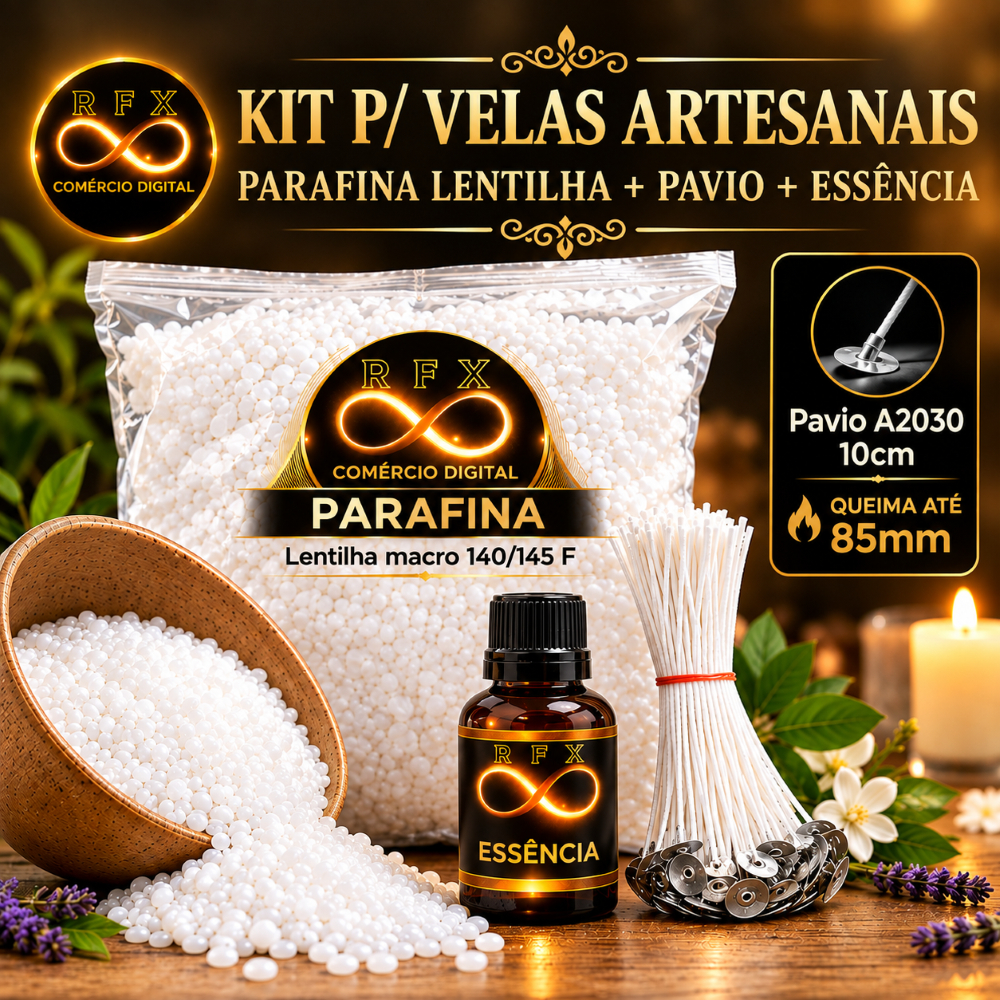 Kit 1 Kg Parafina + 50 Pavio Parafinado 2mm A2030 + Essência 10 ml l Kit p/ Velas Decorativas