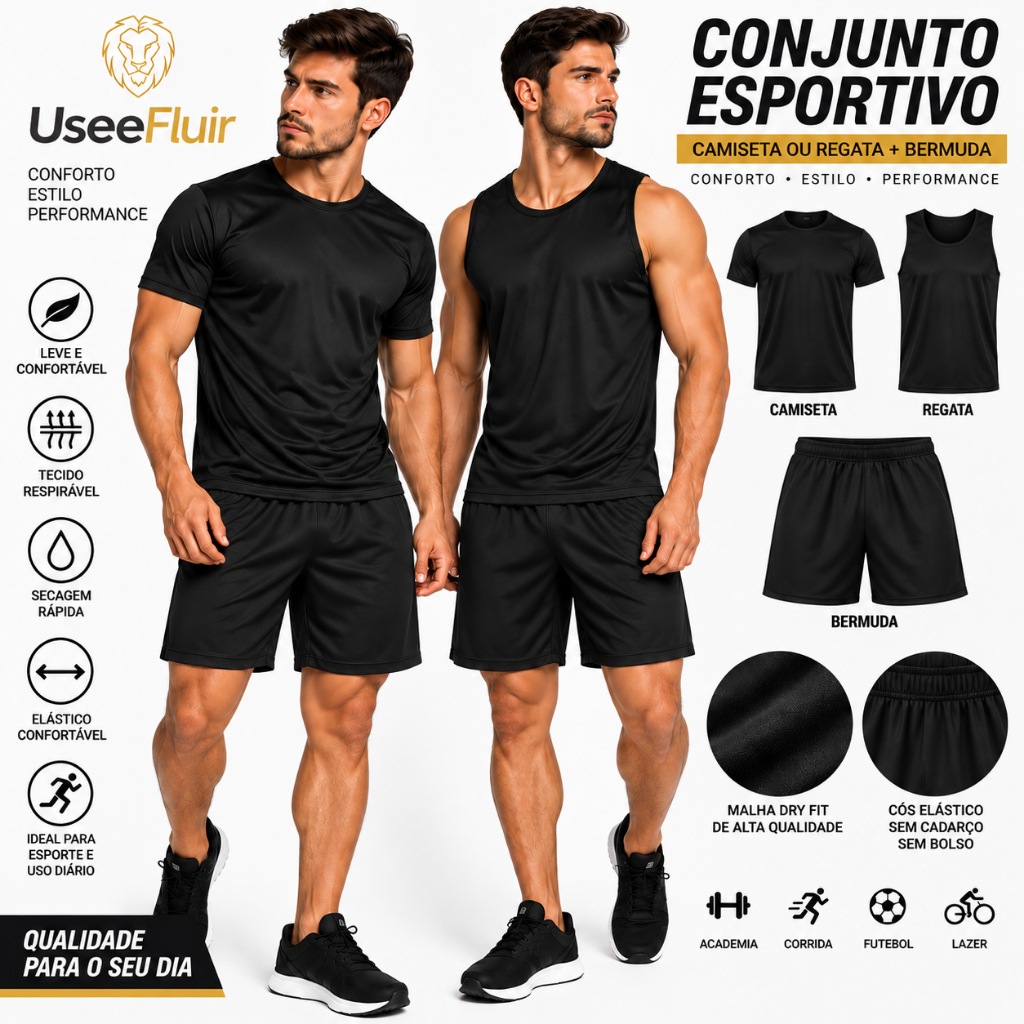 Conjunto Masculino ATACADO Academia Dry Fit Camiseta Regata + Bermuda Esportiva