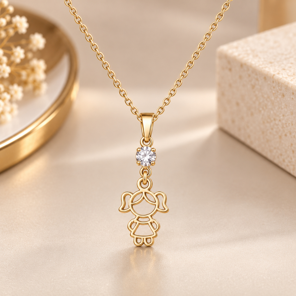 Colar Menino e Menina Feminino Banhado a Ouro | Pingente Filho Filha Delicado com Zircônia