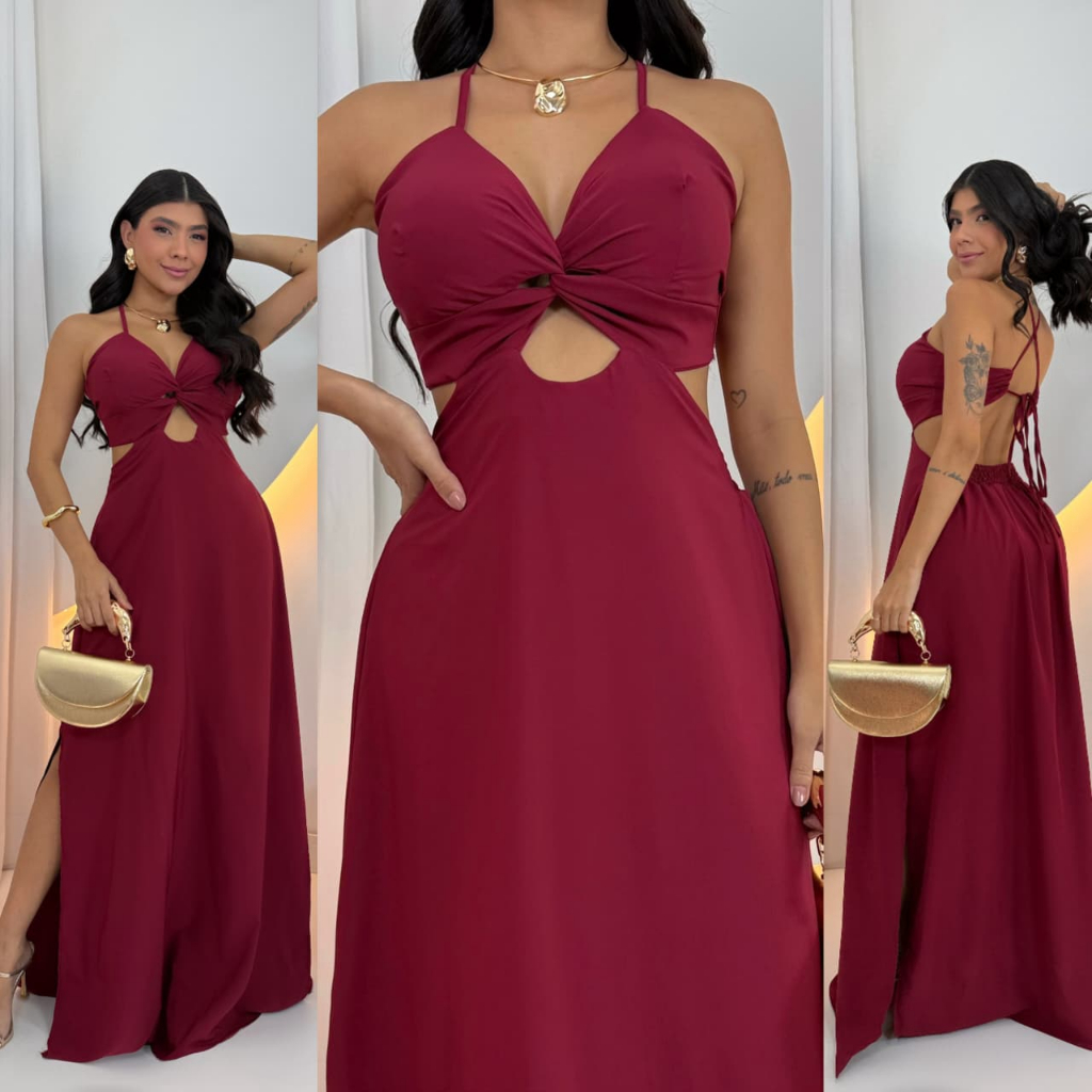 Vestido Longo Feminino Liso Elegante Social Decote Detalhes