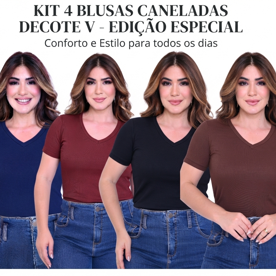 KIT 4 T-SHIRT GOLA V CANELADO COM MANGA FEMININO BLUSA GOLA ALTA MANGA