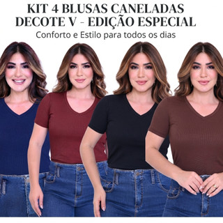 KIT 4 T-SHIRT GOLA V CANELADO COM MANGA FEMININO BLUSA GOLA ALTA MANGA