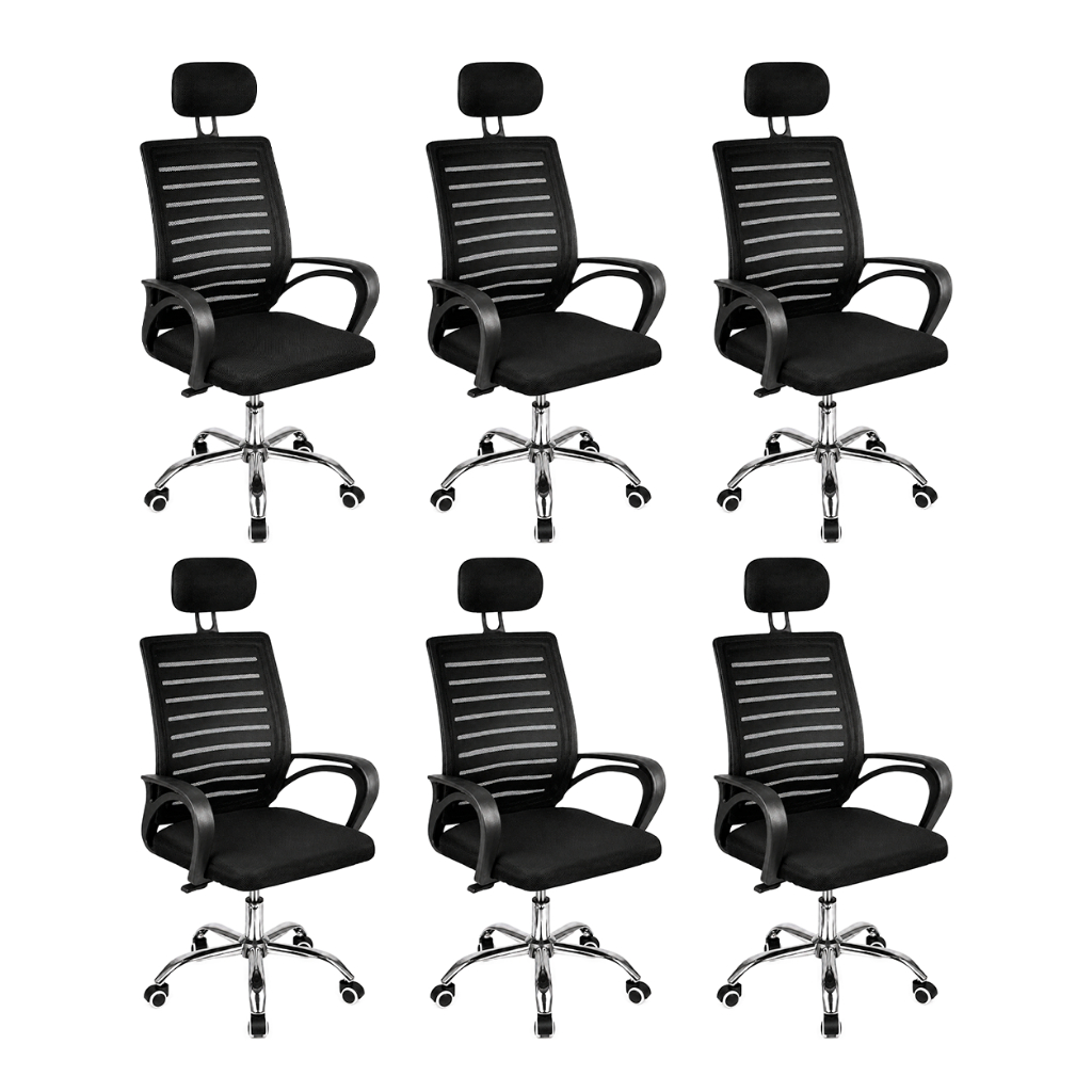 Kit 6 Cadeiras Roma Mesh: Ergonômica, Apoio Cabeça, Ajuste Altura, Giratória, Base Cromada, até 120kg, Preta