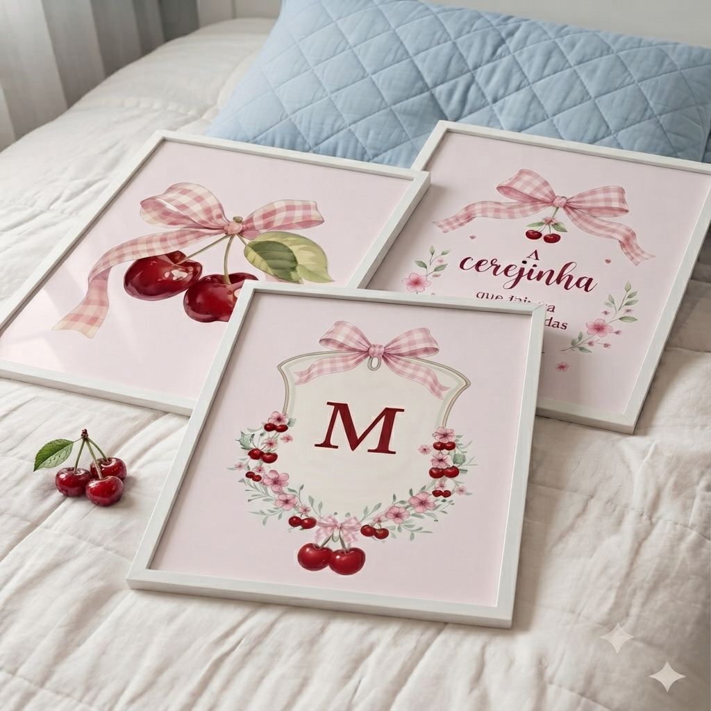Kit 3 Quadros Decorativos Infantil Quarto de Menina Bebê Aesthetic Cereja Personalizado Inicial COM MOLDURA