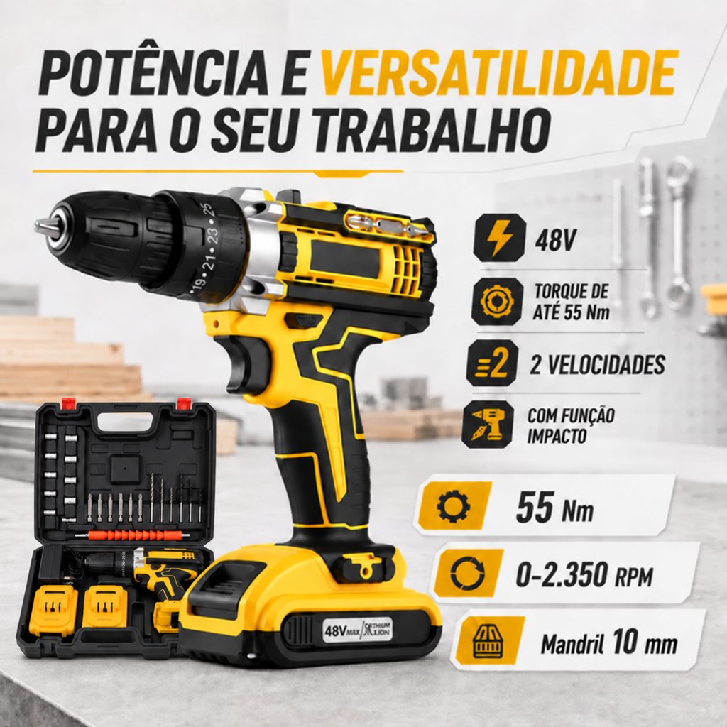 Parafusadeira Furadeira Sem Fio Bateria 48v com Baterias Com Maleta Completo